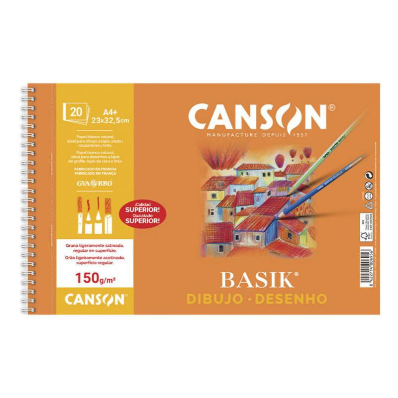 Bloc de Dibujo Canson Basik A4+ Espiral 20 Hojas 150g. Liso