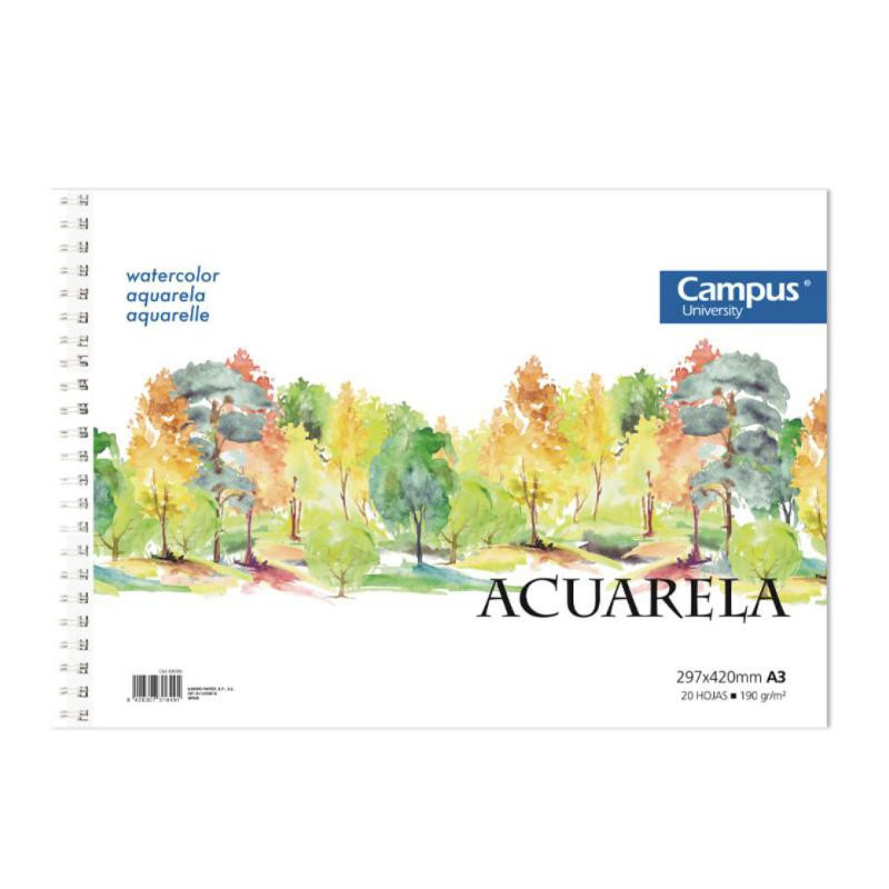 Bloc Acuarela Campus University A3 Espiral 20 Hojas 190g.