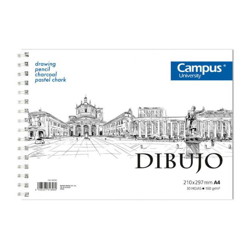 Bloc de Dibujo Campus University A4 Espiral 30 Hojas 160g. Liso