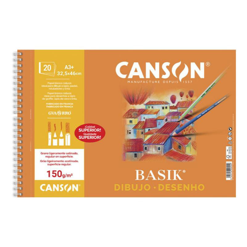 Bloc de Dibujo Canson Basik A3+ Espiral 20 Hojas 150g. Liso