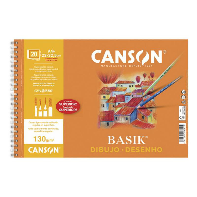 Bloc de Dibujo Canson Basik A4+ Espiral 20 Hojas 130g. Recuadro