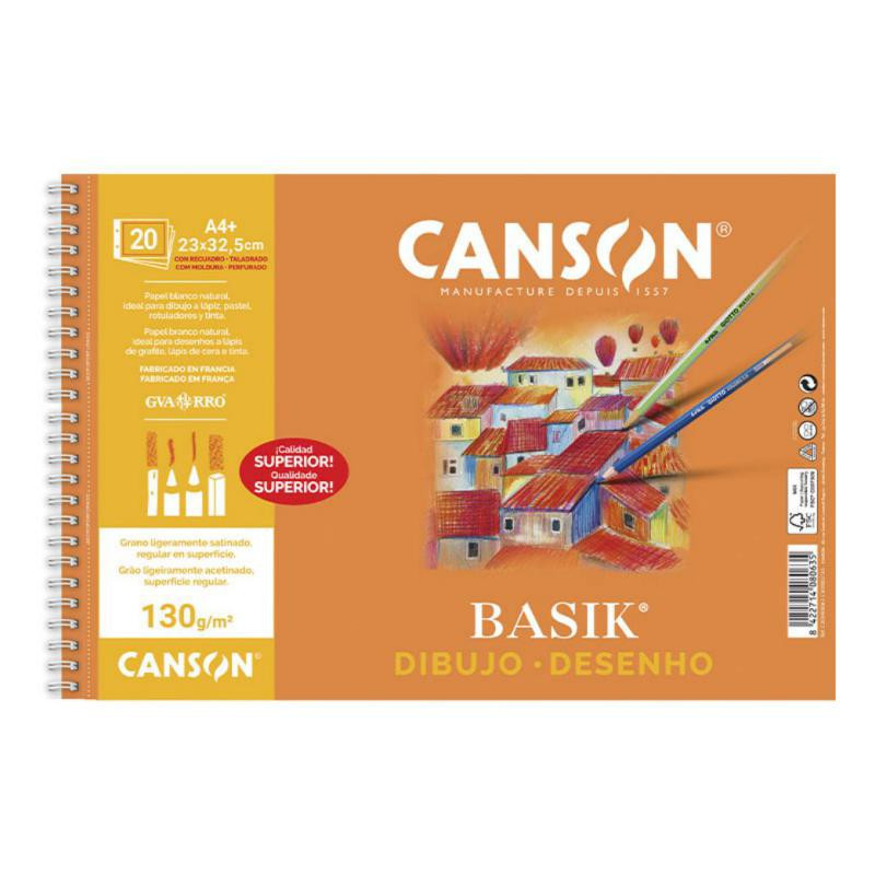 Bloc de Dibujo Canson Basik A4+ Espiral 20 Hojas 130g. Recuadro 2 Taladros