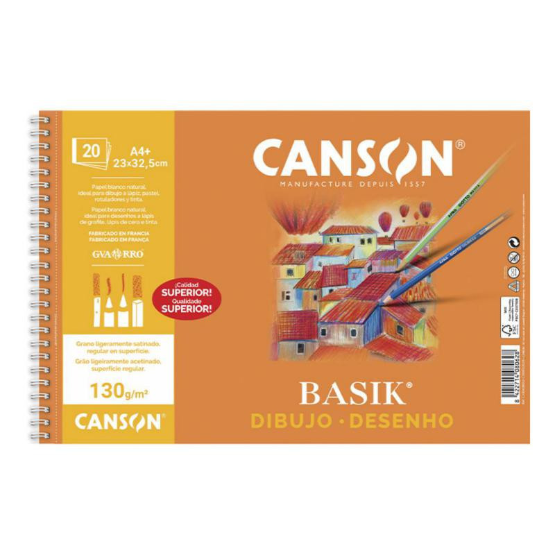 Bloc de Dibujo Canson Basik A4+ Espiral 20 Hojas 130g. Liso