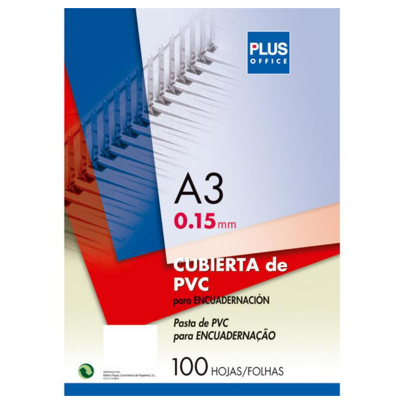 Cubierta encuadernar Plus Office A3 PVC transparente 100 ud