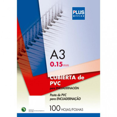 Cubierta encuadernar Plus Office A3 PVC transparente 100 ud