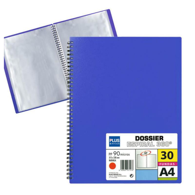 Carpeta Dossier Plus Office Espiral 30 Fundas Azul