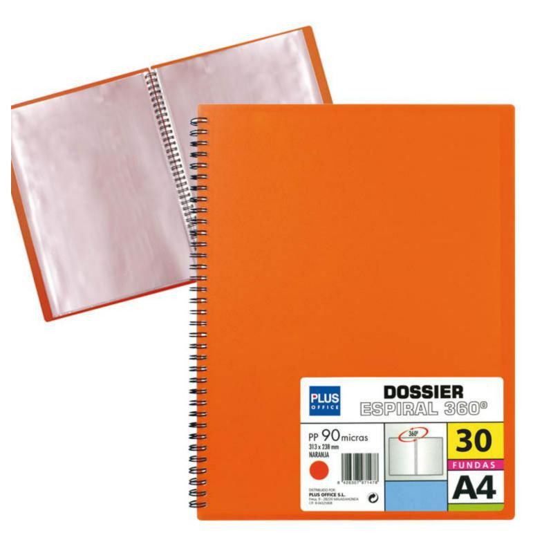 Carpeta Dossier Plus Office Espiral 30 Fundas Naranja