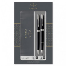 Duo Parker Sonnet BolÃ­grafo + Pluma Negro Plateado