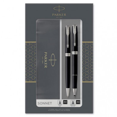 Duo Parker Sonnet BolÃ­grafo + Pluma Negro Plateado