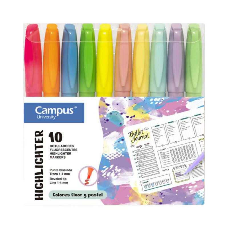 Marcador Fluorescente Pen Highlighter Campus University Colores NeÃ³n + Pastel 10 unid.