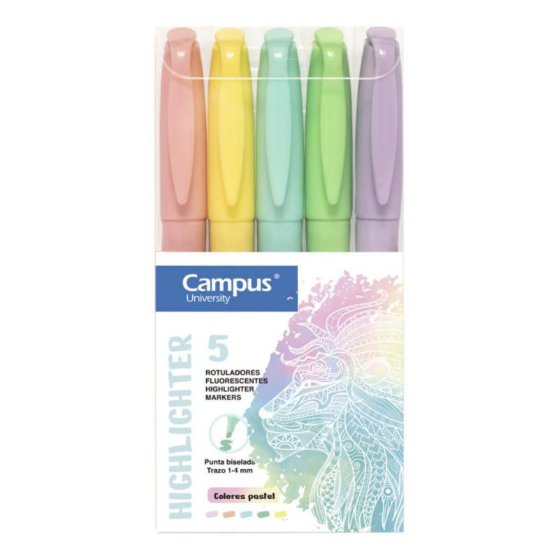 Marcador Fluorescente Pen Highlighter Campus University Colores Pastel 5 unid.