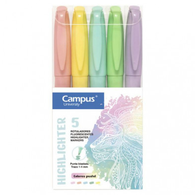 Marcador Fluorescente Pen Highlighter Campus University Colores Pastel 5 unid.