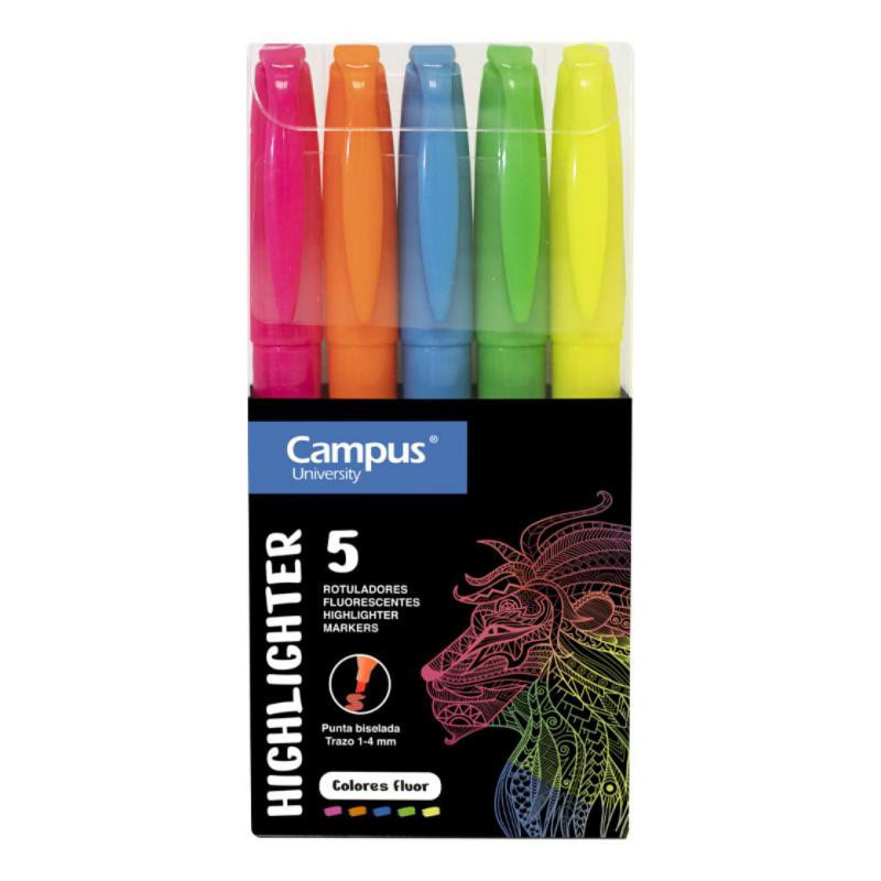 Marcador Fluorescente Pen Highlighter Campus University Colores NeÃ³n 5 unid.