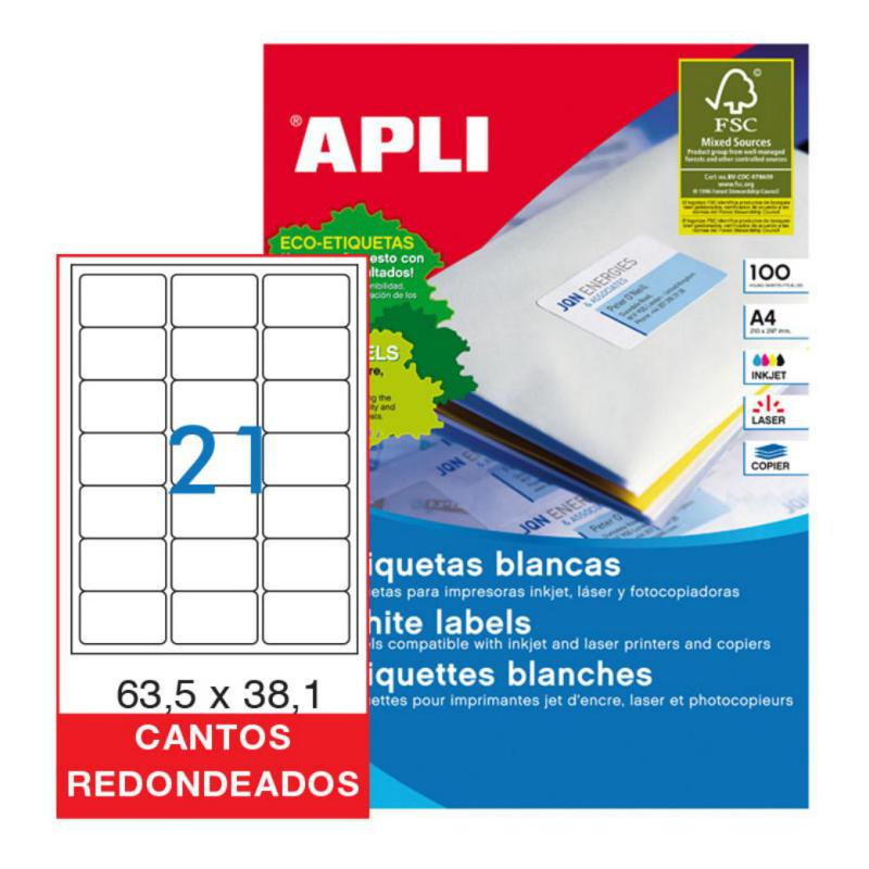 Etiquetas Autoadhesivas Apli A4 63,5x38,1 Cantos Redondeados 21xhoja 100 Hojas