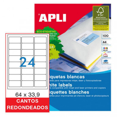 Etiquetas Autoadhesivas Apli A4 64x33,9 Cantos Redondeados 24xhoja 100 Hojas