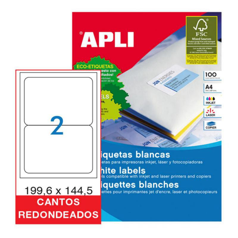 Etiquetas Autoadhesivas Apli A4 199,6mmx144,5mm Cantos Redondeados 2xhoja 100 Hojas