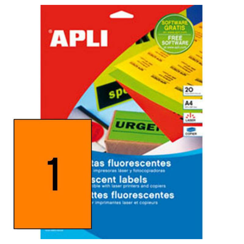 Etiquetas Apli A4 Naranja Fluorescente 20 Hojas