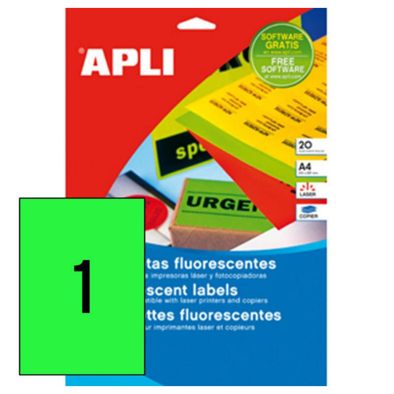 Etiquetas Apli A4 Verde Fluorescente 20 Hojas