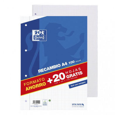 Recambio Oxford A4 100+20 Hojas 90g CuadrÃ­cula 4 mm