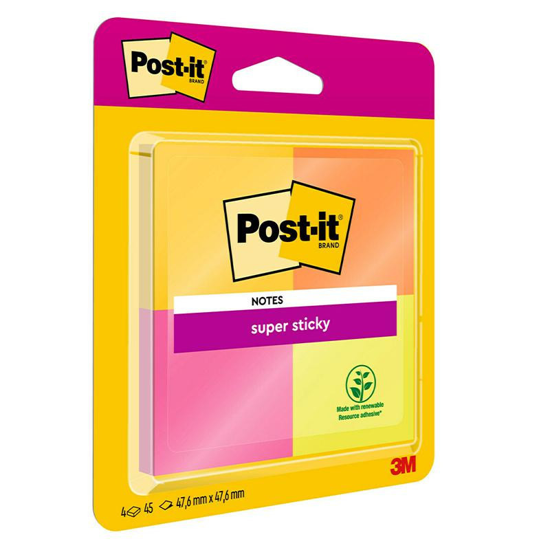 Bloc Notas Adhesivas Post-It Super Sticky 47,6 X 47,6 mm Pack 4 ud BlÃ­ster