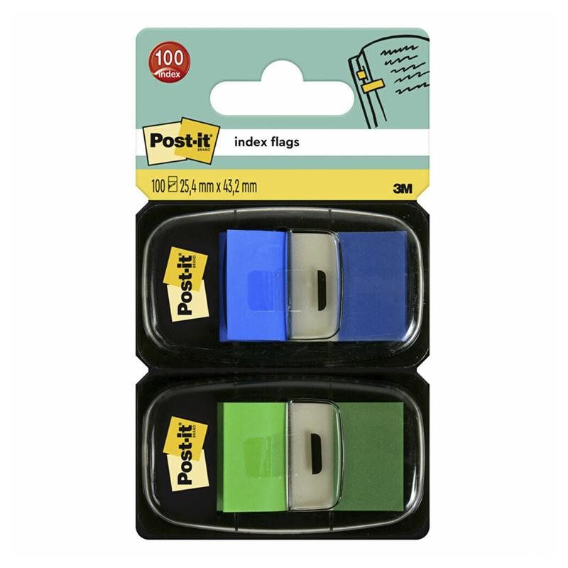 Banderitas Post-It 25,4 x43mm Dispensador Azul y Verde 100 ud.