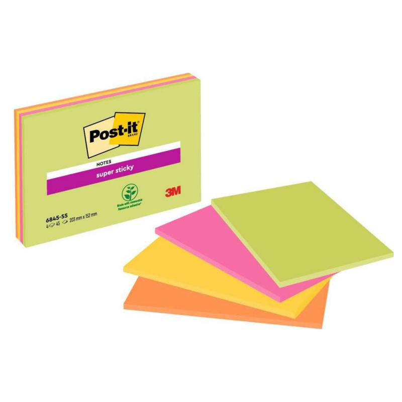 Bloc Notas Adhesivas Gran Formato Post-It Super Sticky 152 x 203 mm NeÃ³n 45 Hojas