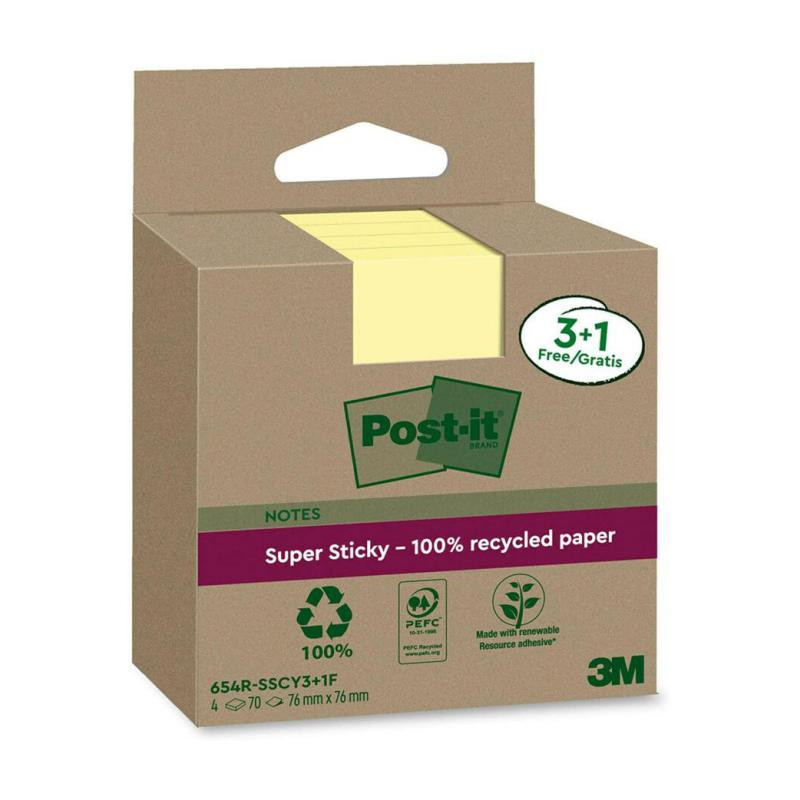 Bloc Notas Adhesivas Post-It Super Sticky Recicladas 76 x 76 mm Amarillas 70 Hojas