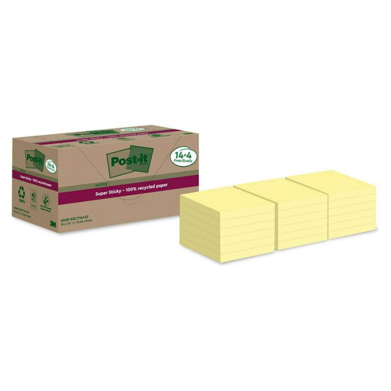 Bloc Notas Adhesivas Post-It Super Sticky Recicladas 76 x 76 mm Amarillas 100 Hojas