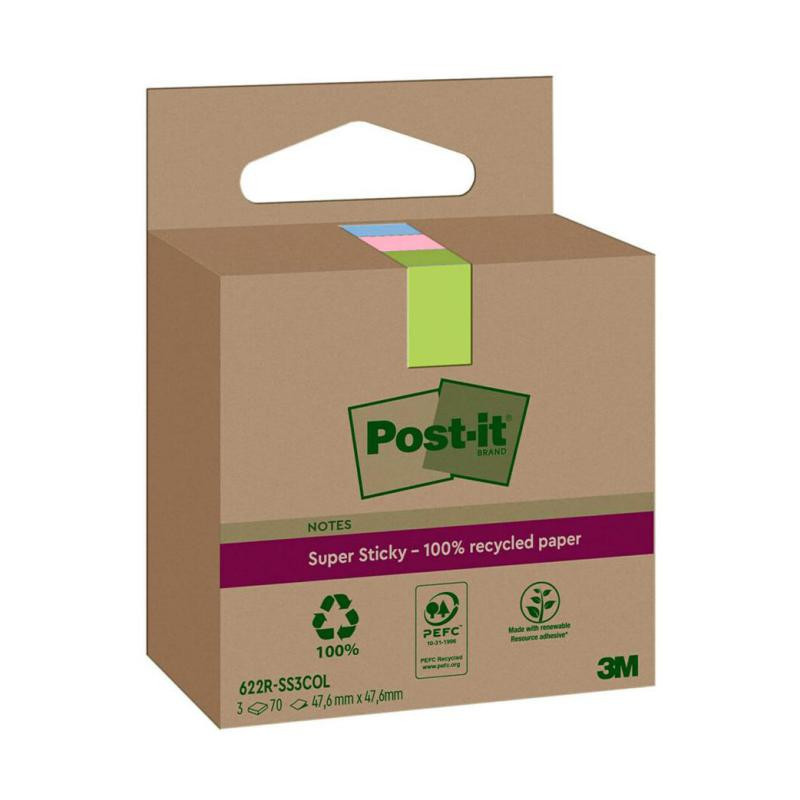 Bloc Notas Adhesivas Post-It Super Sticky Recicladas 47,6 x 47,6 mm Surtido 70 Hojas