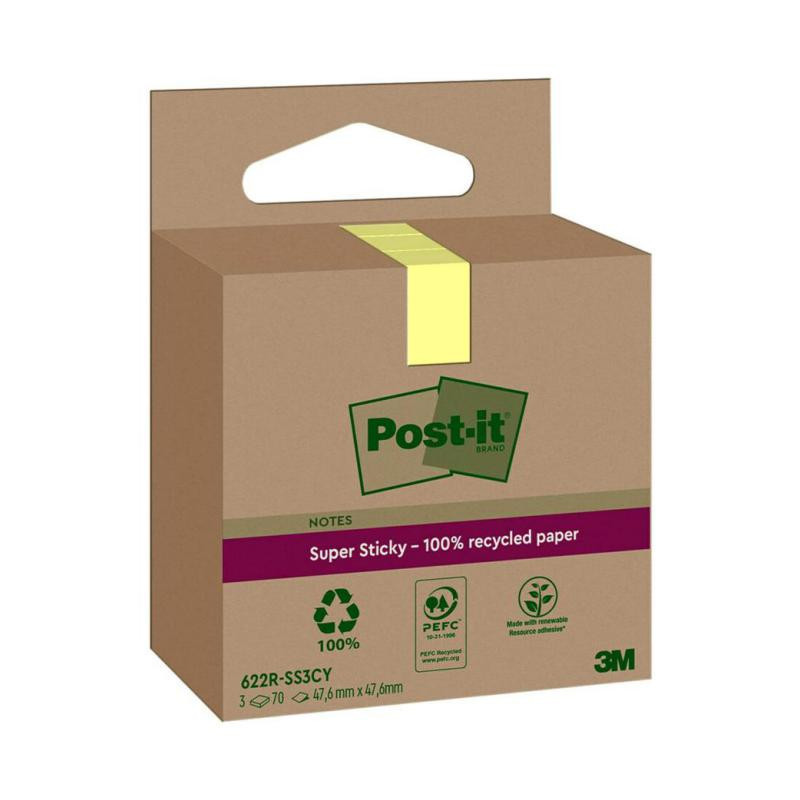 Bloc Notas Adhesivas Post-It Super Sticky Recicladas 47,6 x 47,6 mm Amarillas 70 Hojas