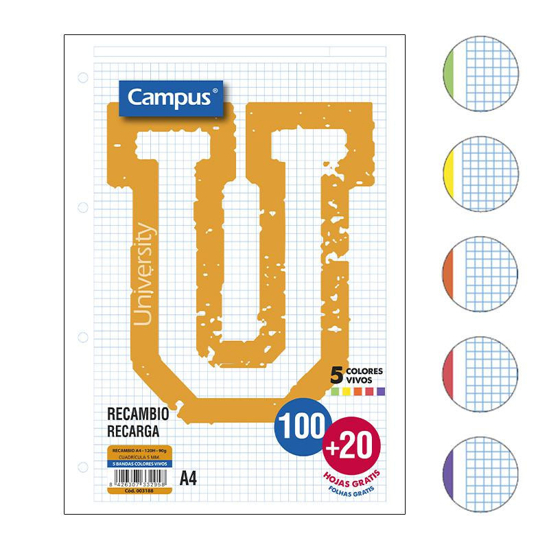 Recambio Campus A4 100 + 20 Hojas 90g CuadrÃ­cula 5 mm Bandas Colores Vivos