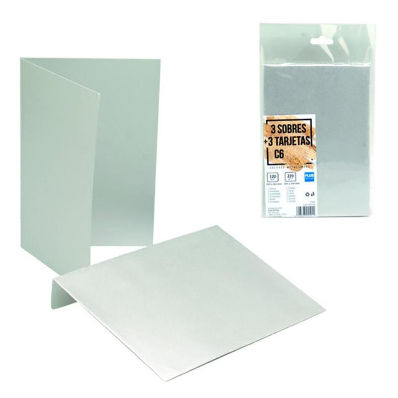 Sobres + Tarjetas C6 Plus Office 114mmx162mm Plata Metalizado 3ud.