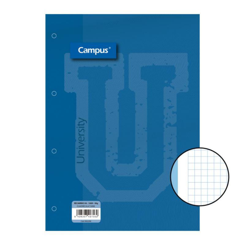 Recambio Campus A4 100 Hojas 90g CuadrÃ­cula 5 mm Banda Azul Claro