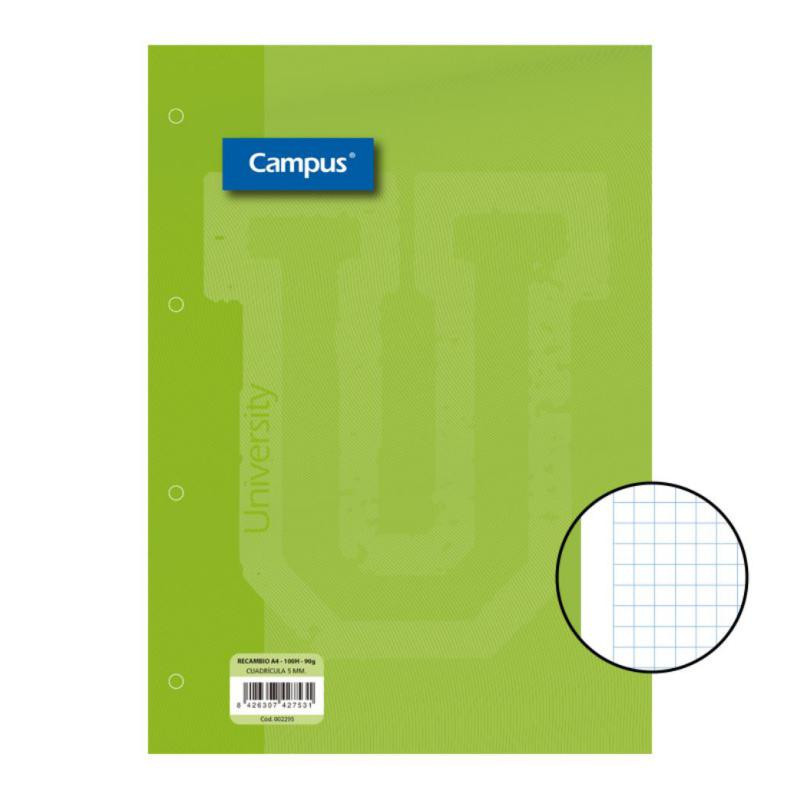 Recambio Campus A4 100 Hojas 90g CuadrÃ­cula 5 mm Banda Verde