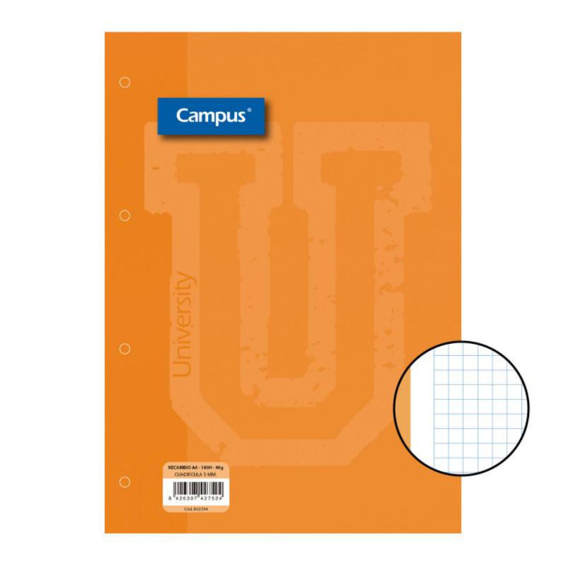 Recambio Campus A4 100 Hojas 90g CuadrÃ­cula 5 mm Banda Naranja