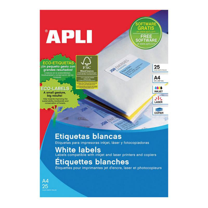 Etiquetas Autoadhesivas Apli 210x297mm Cantos Rectos 1xhoja 25 Hojas