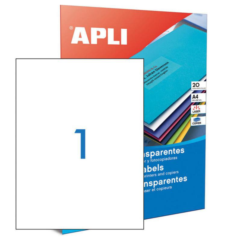 Etiquetas TraslÃºcidas Apli A4 210mmx297mm 1xhoja 20 Hojas