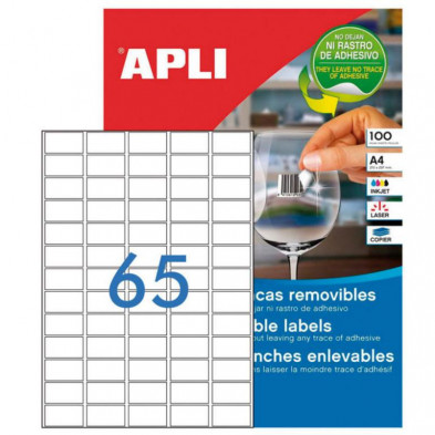 Etiquetas Removibles Apli A4 38mmx21,2mm Cantos Rectos 6500 Etiquetas 100ud.