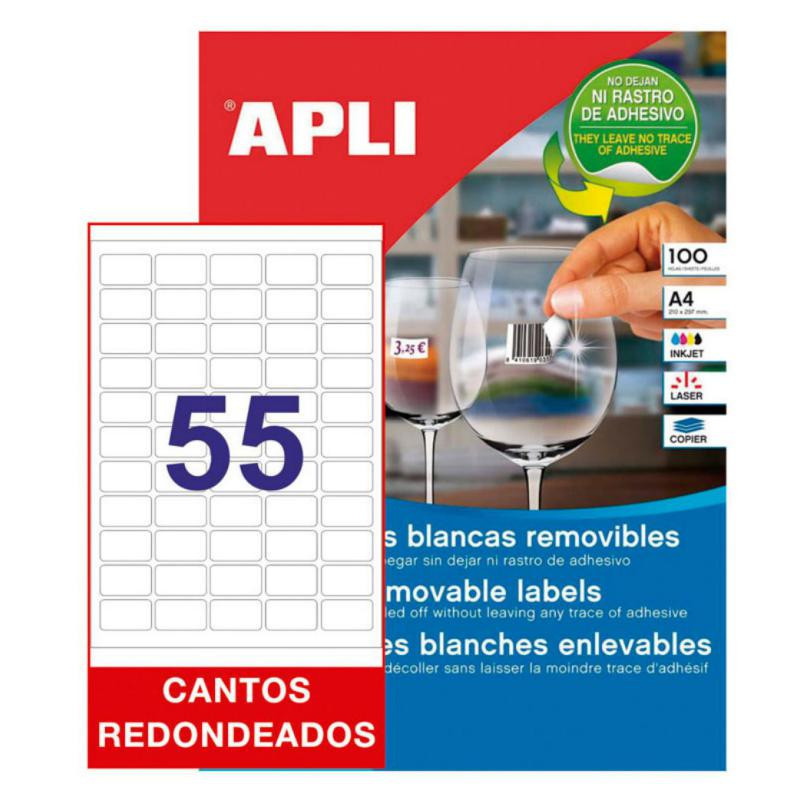 Etiquetas Removibles Apli A4 36,8mmx23,8mm Cantos Redondeados 5500 Etiquetas 100 Hojas